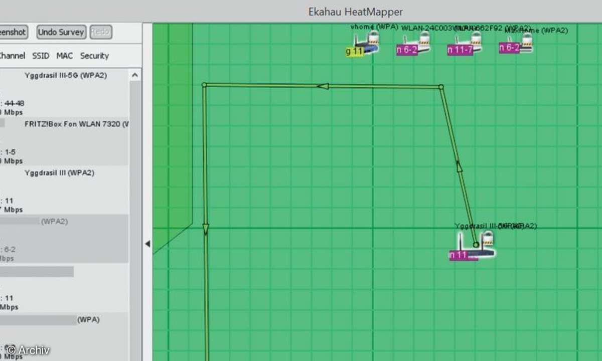 Wie sieht es aus mit der Signalstärke? Wer sich weitgehend auf ein WLAN verlassen will oder muss, sollte die Ausleuchtung überprüfen. Die hier gezeigte Freeware Ekahau Heatmapper kann da einen ersten Eindruck vermitteln.