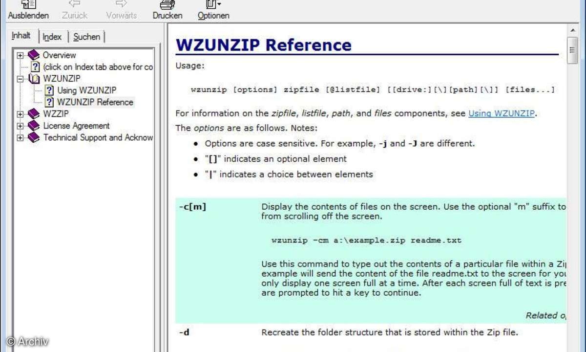 WinZip: Hilfe-Funktion