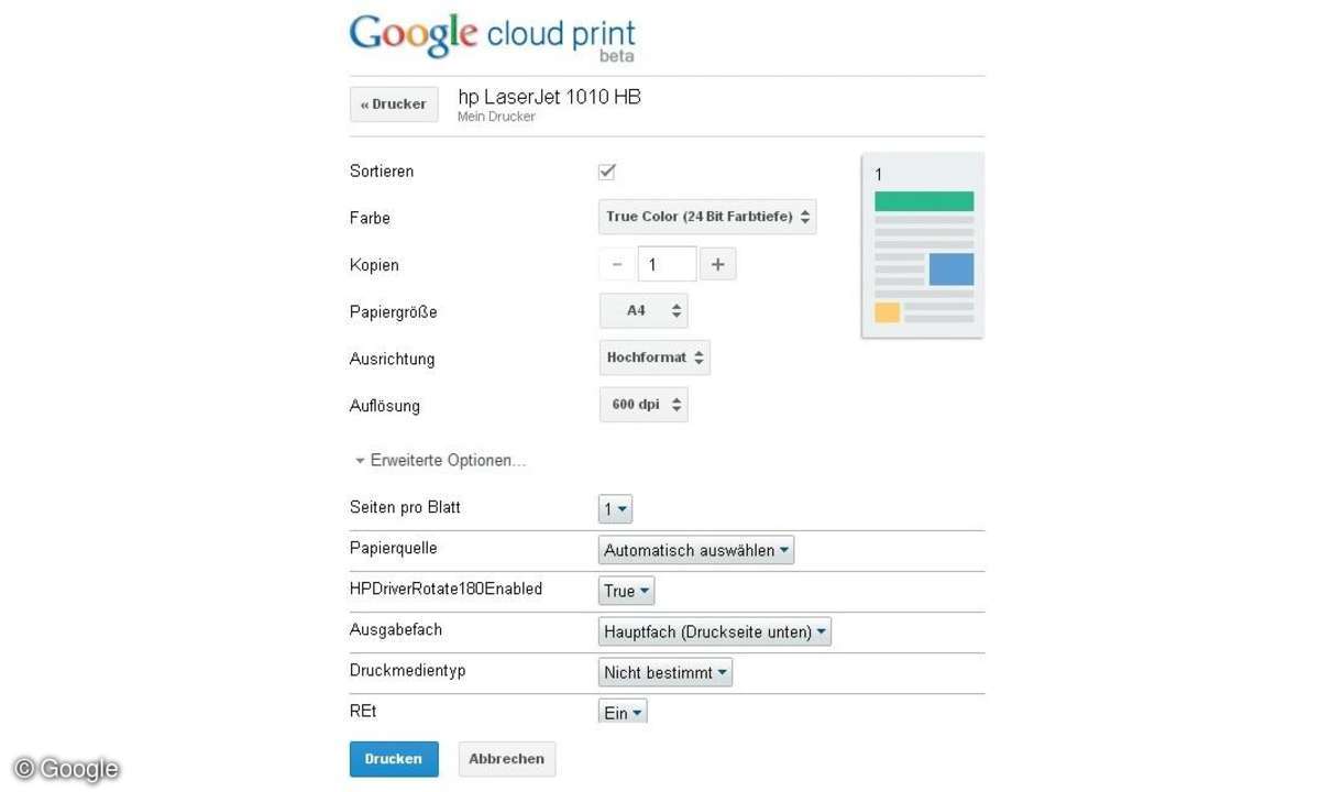 Menü Google Cloud Print Beta