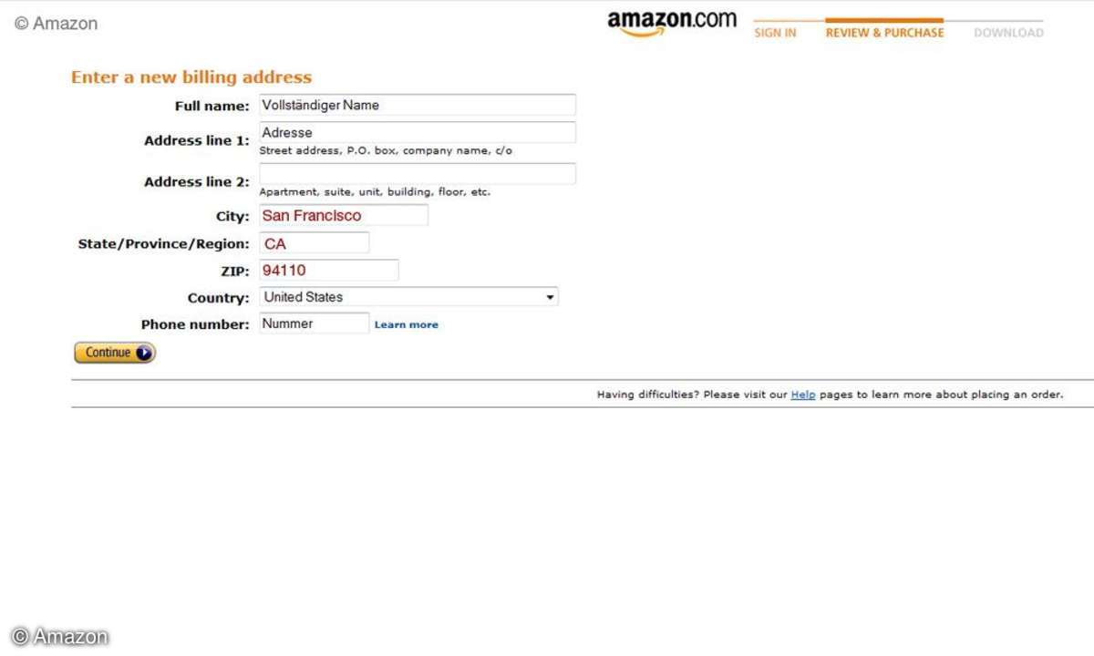 Amazon Digital Games Store Schritt 2 - Adresse konfigurieren