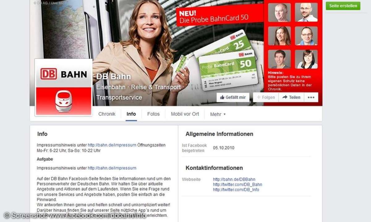 Facebook-Auftritt der Deutschen Bahn