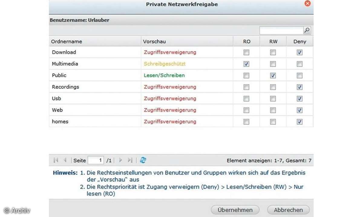 NAS eingeschränktes Userkonto Screenshot