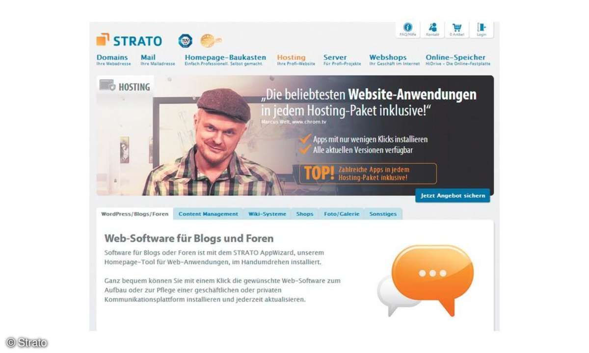 Nicht nur bei STRATO lassen sich beliebte Anwendungen vollautomatisch auf Webspace installieren.