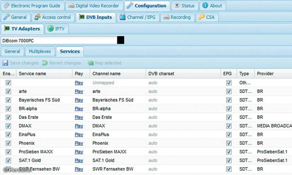 Tvheadend Senderübersicht