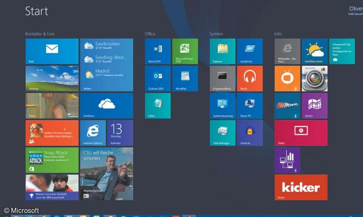 Die Taskleiste findet nun auch auf dem Startbildschirm von Windows 8.1 ihren Platz, wenn Sie mit dem Mauszeiger von oben über den unteren Bildschirmrand hinausfahren.