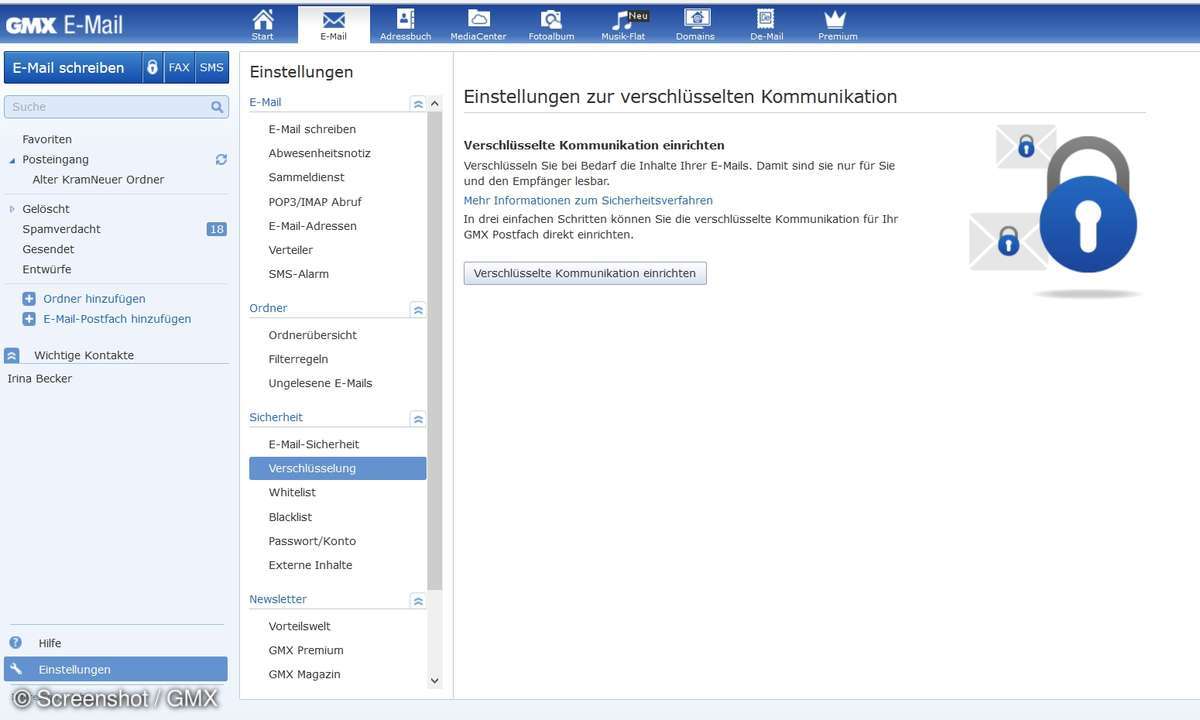 GMX: Screenshot zur Verschlüsselung