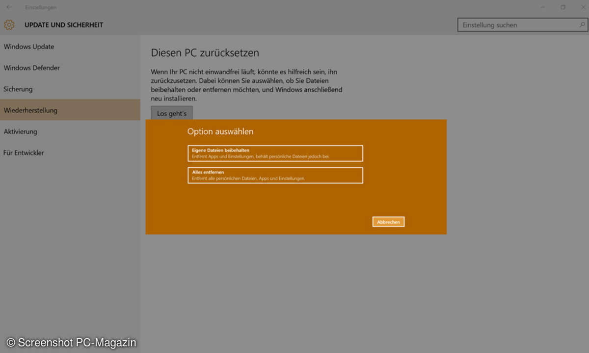 PC zurücksetzen - Windows 10