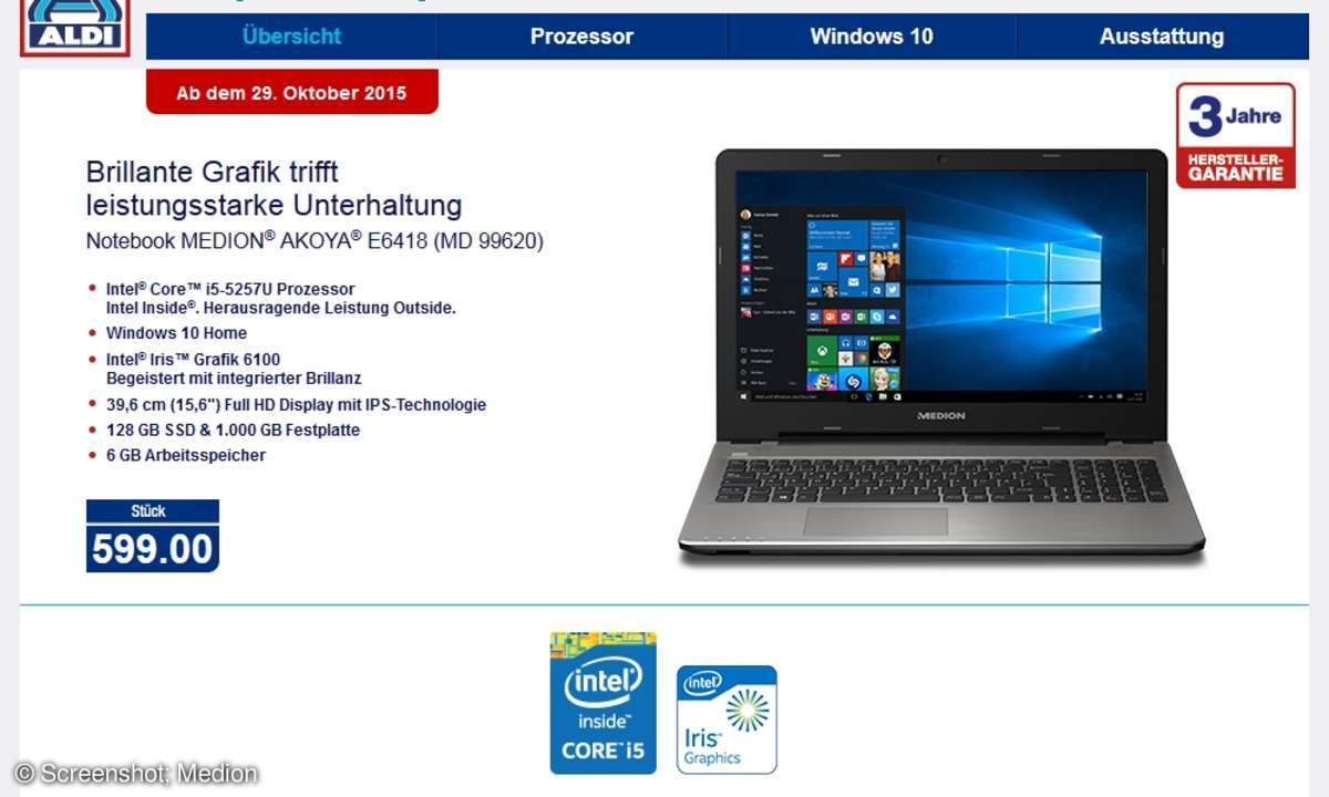 Medion Akoya E6418 (MD 99620): Aldi-Laptop im Oktober 2015