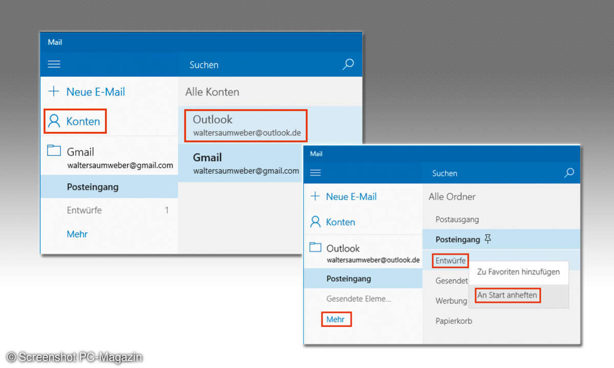 Windows 10: Mail Ordner ins Startmenü anheften