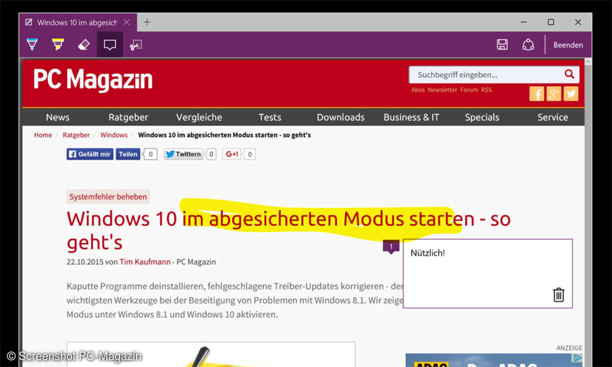 Microsoft Edge Webseitennotizen