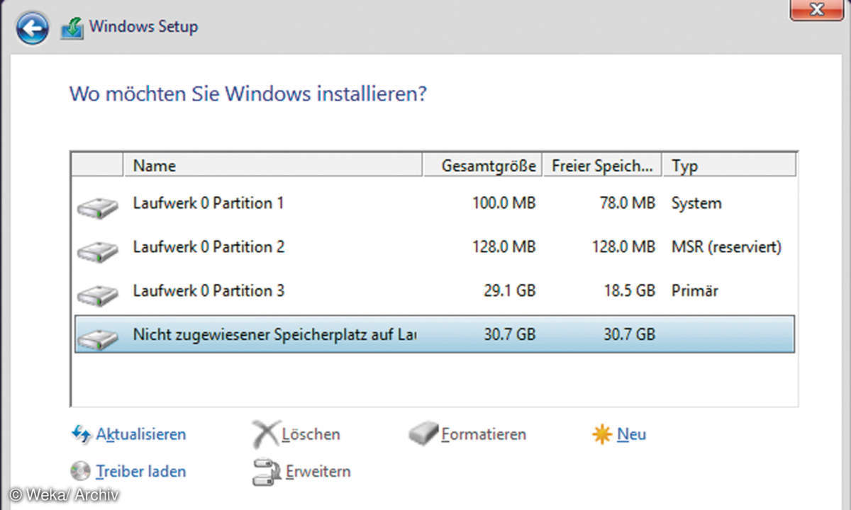 Screenshot: Wo möchten Sie Windows installieren?