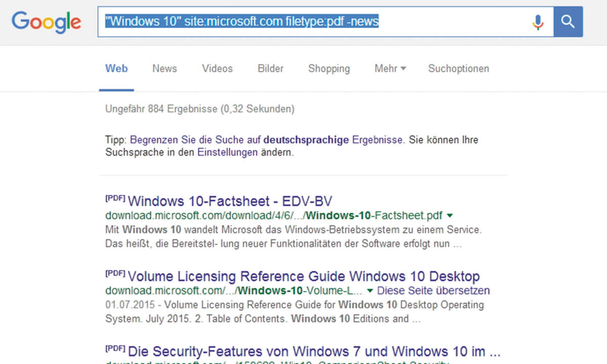 Google Suchoptionen - Begriff ausschließen