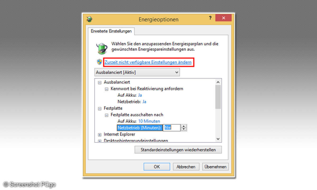 Windows erweiterte Energieeinstellungen