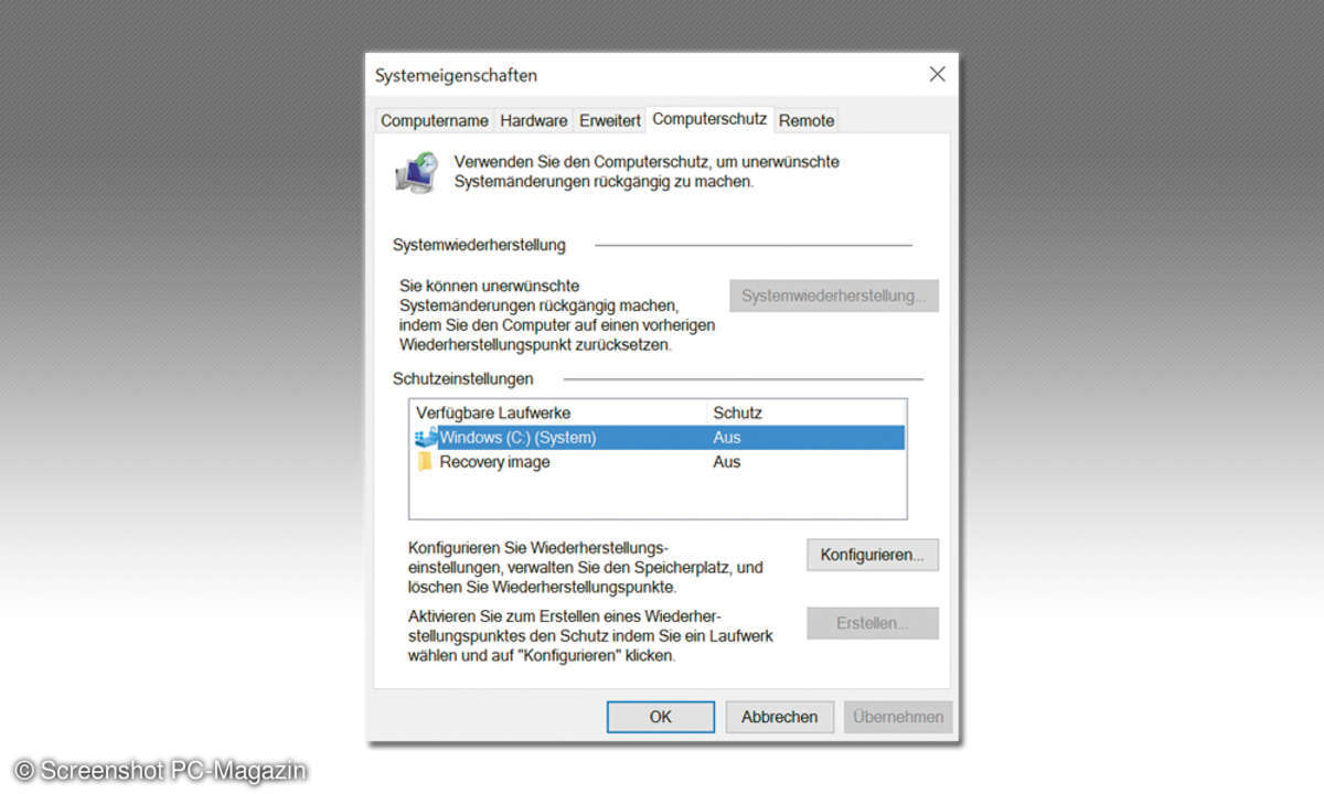 Windows Computerschutz und Systemwiederherstellung
