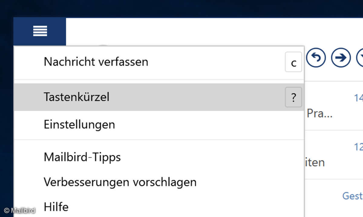 Mailbird Menü Tastenkürzel