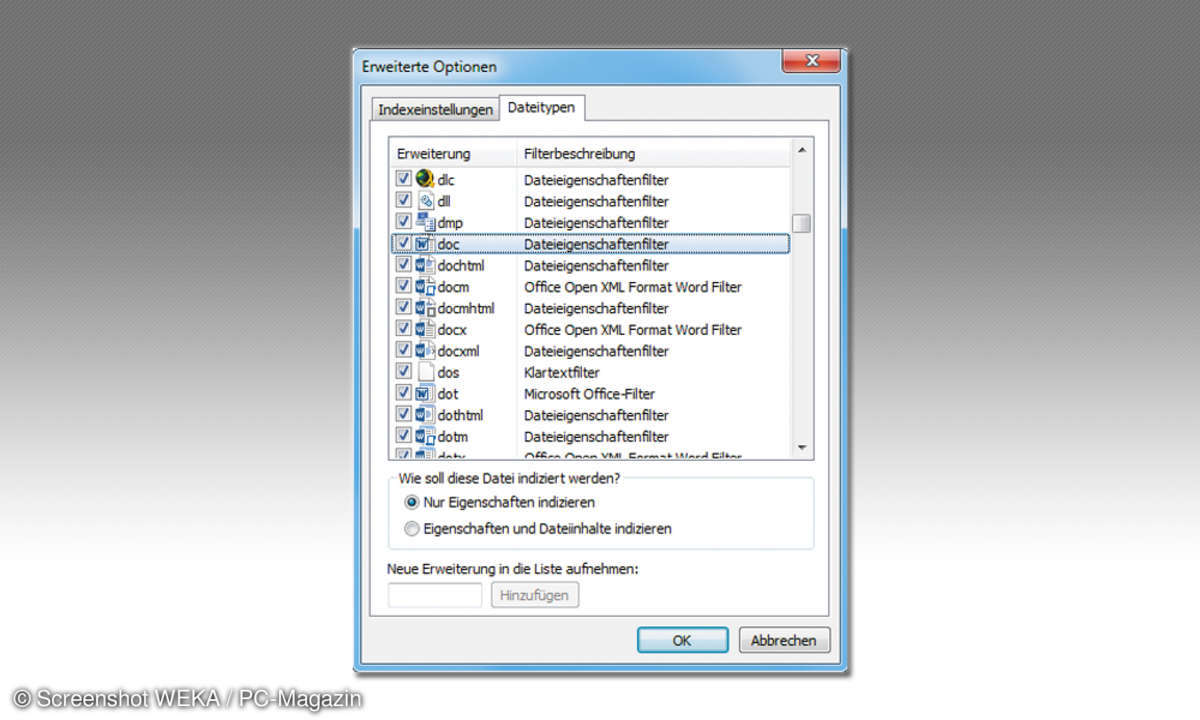 Windows Dateitypen indizieren