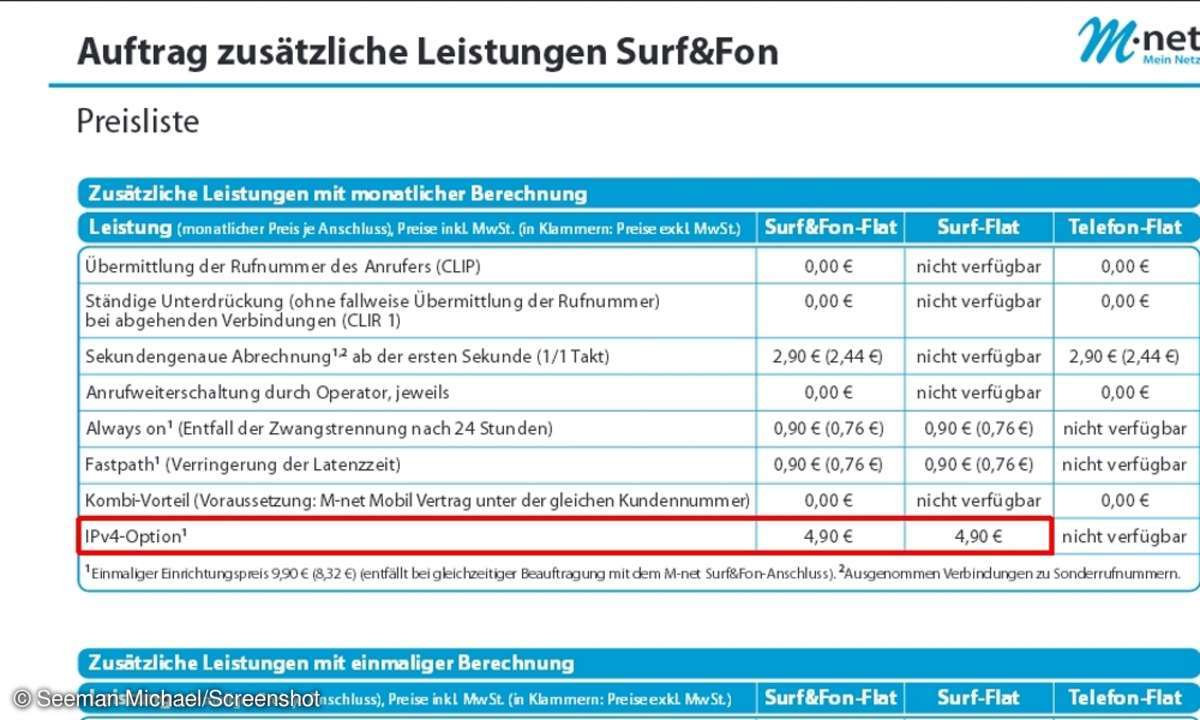 Immerhin: Der regionale Netzbetreiber Mnet bietet auch in seinen Privatkundentarifen mit DS-Lite ein Upgrade auf eine zusätzliche IPv4-Adresse – und verlangt dafür 5 Euro zusätzlich im Monat.
