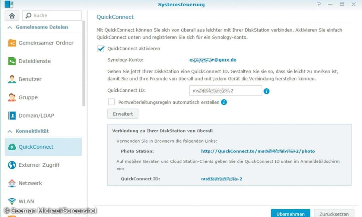 Wie auch einige andere Hersteller von NAS-Geräten bietet Synology mit seinem Relais-Dienst Quickconnect eine Möglichkeit, das IPv4/IPv6-Fernzugriffsproblem zu umgehen.