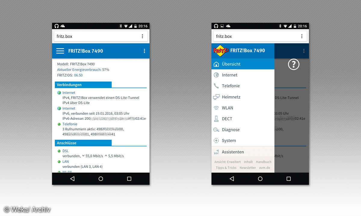 Screenshot Weboberfläche der Fritzbox im Browser eines Smartphones