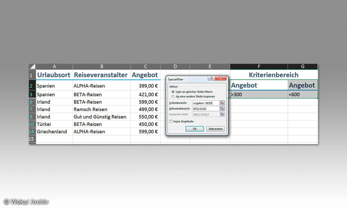 Screenshot: Spezialfilter