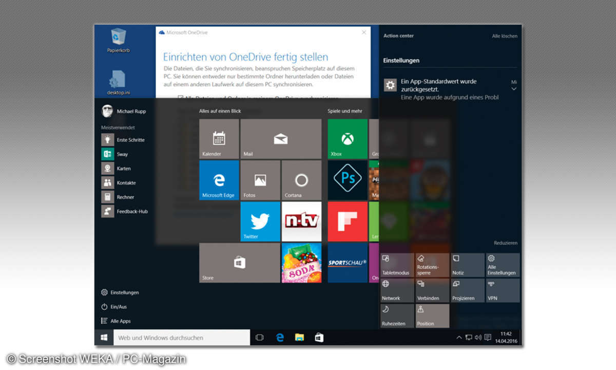 Startmenü,Infocenter,Suchleiste und OneDrive Cloud