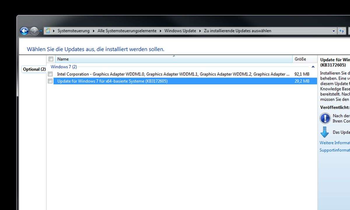 Windows 7 bietet den Patch KB3172605 an