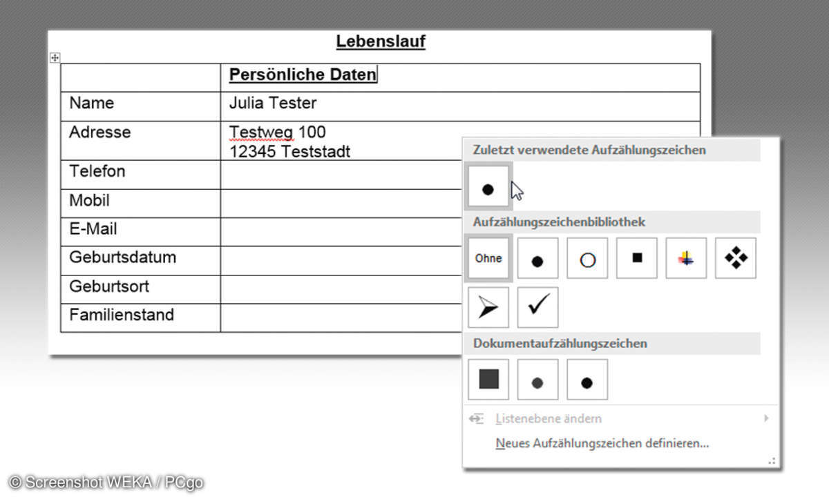 Lebenslauf-Tabelle erstellen
