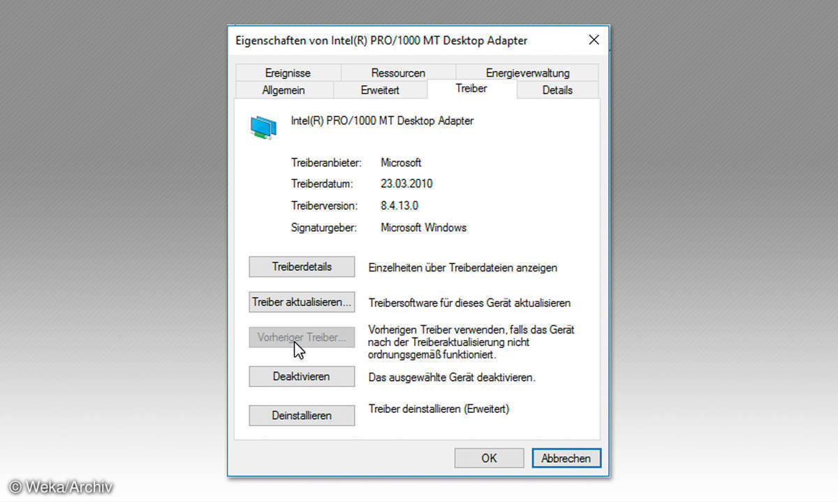 Screenshot: Treiber Rollback