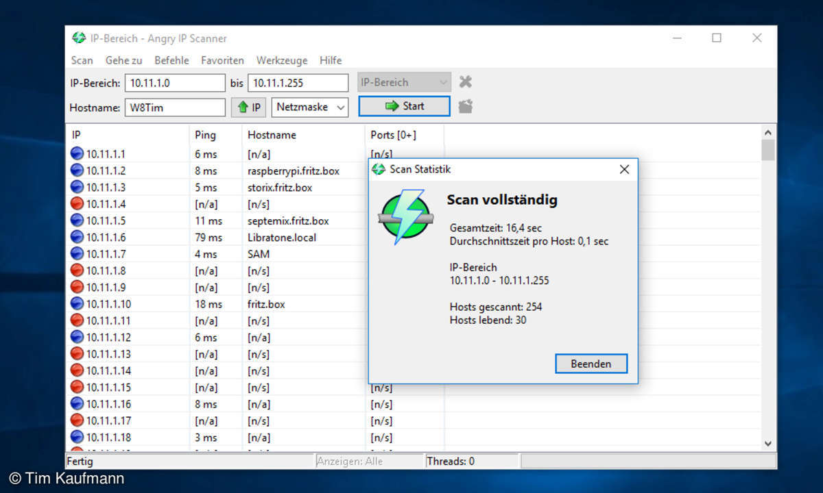 Screenshot: IP-Bereich - Angry IP Scanner