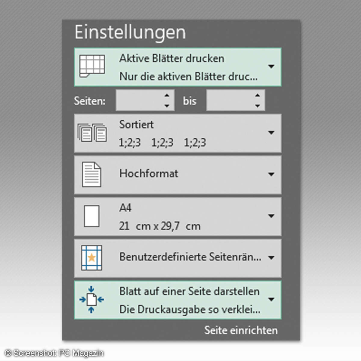 excel tabelle eine seite drucken