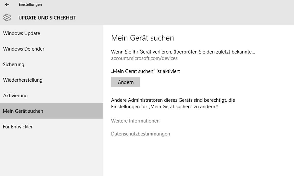 Screenshot: Mein Gerät suchen
