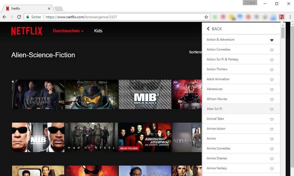 Netflix Kategorien Chrome Erweiterung