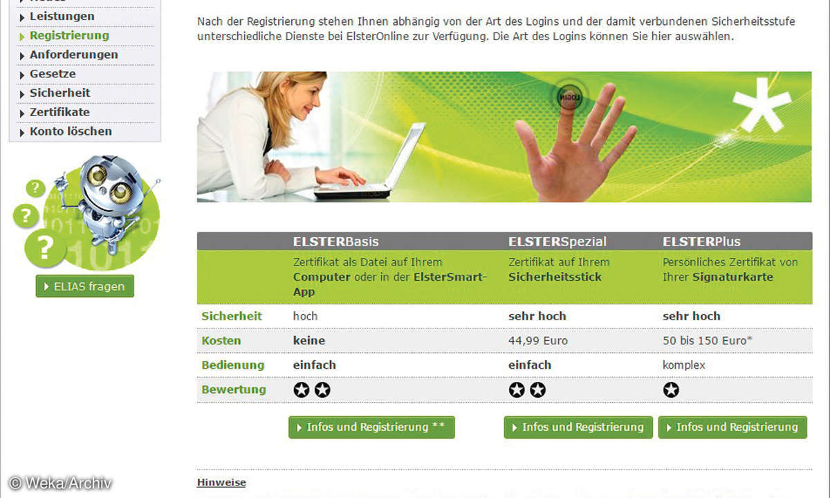 Screenshot: Elster Registrierung