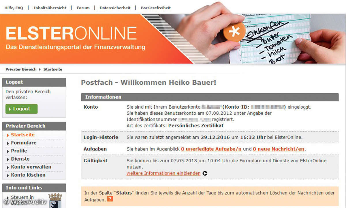 Screenshot: Elster Benutzerkonto