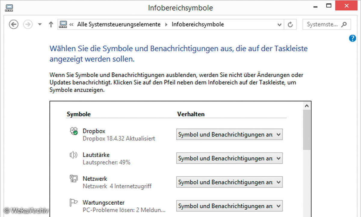Screenshot: Symbole Taskleiste anpassen