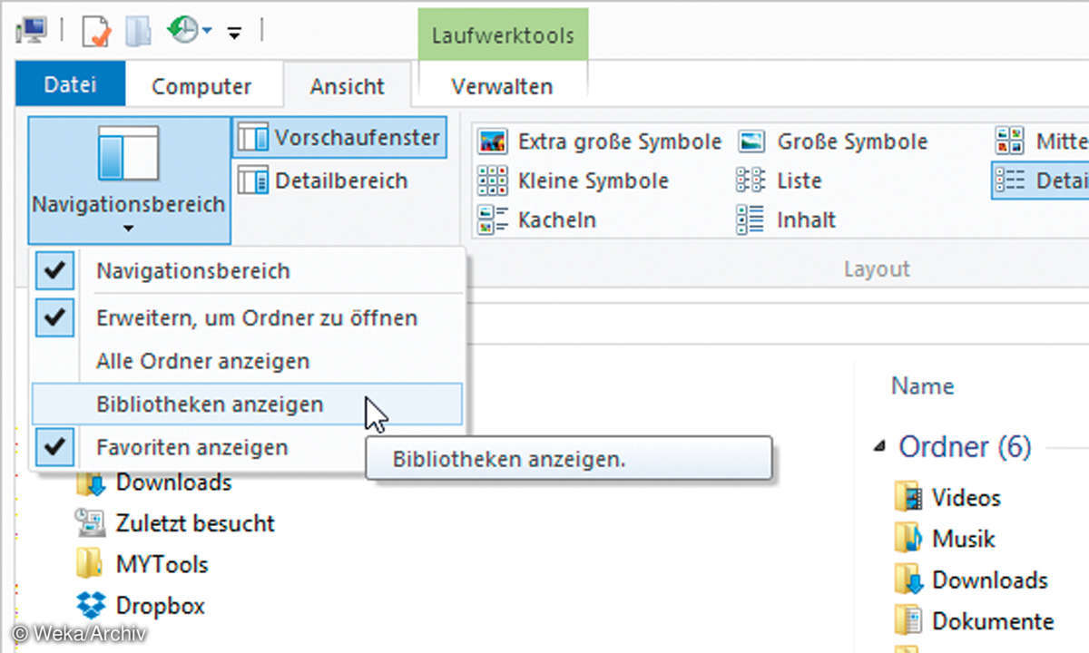Screenshot: Favoriten ein- bzw. ausblenden