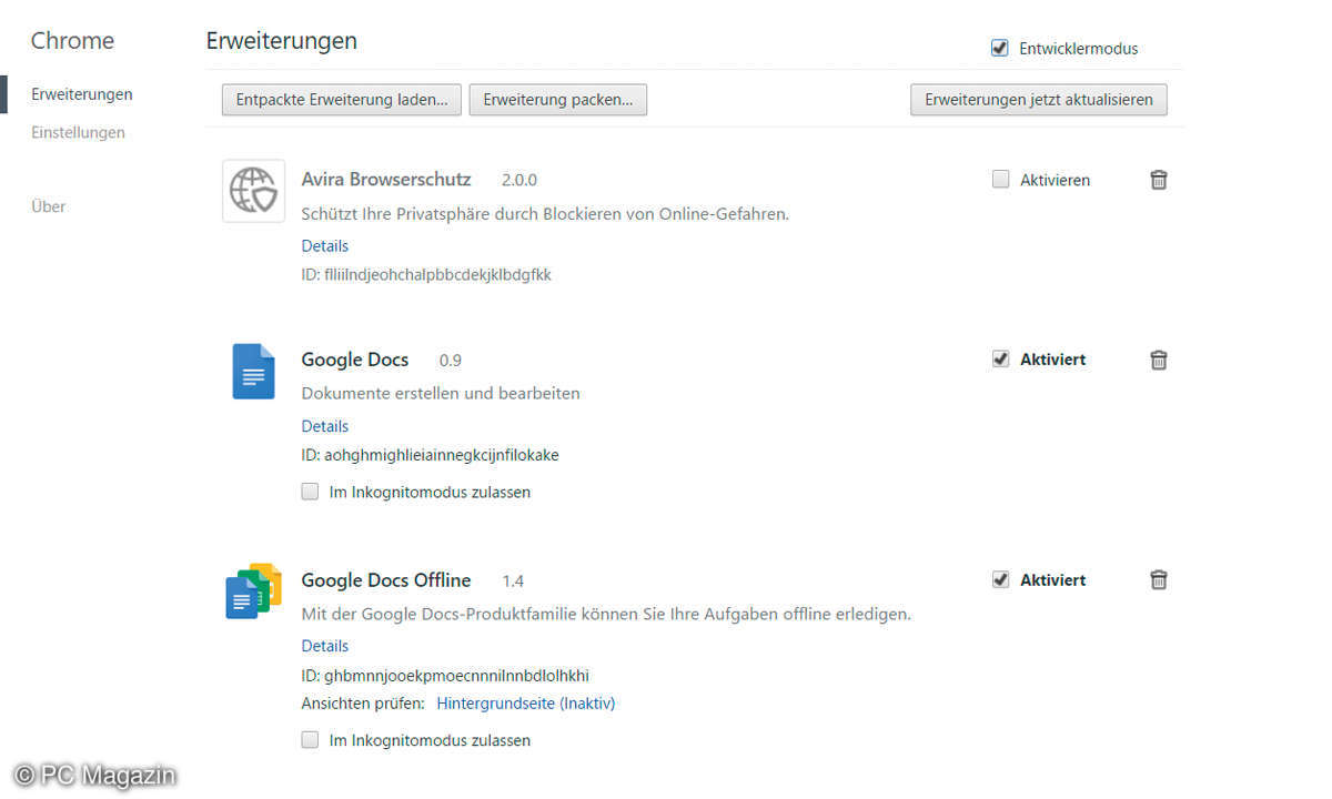 Chrome Addons löschen