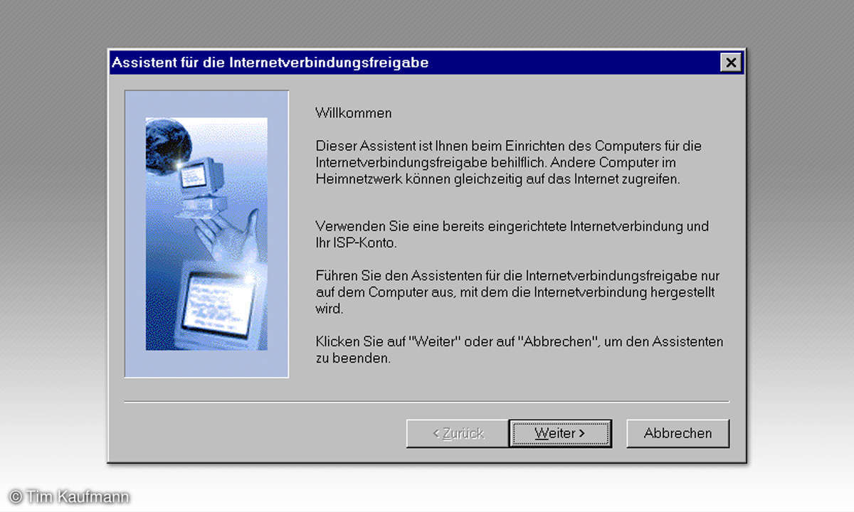 Screenshot: Assistent für die Internetverbindungsfreigabe