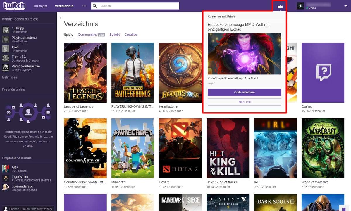 Twitch Prime Loot abholen