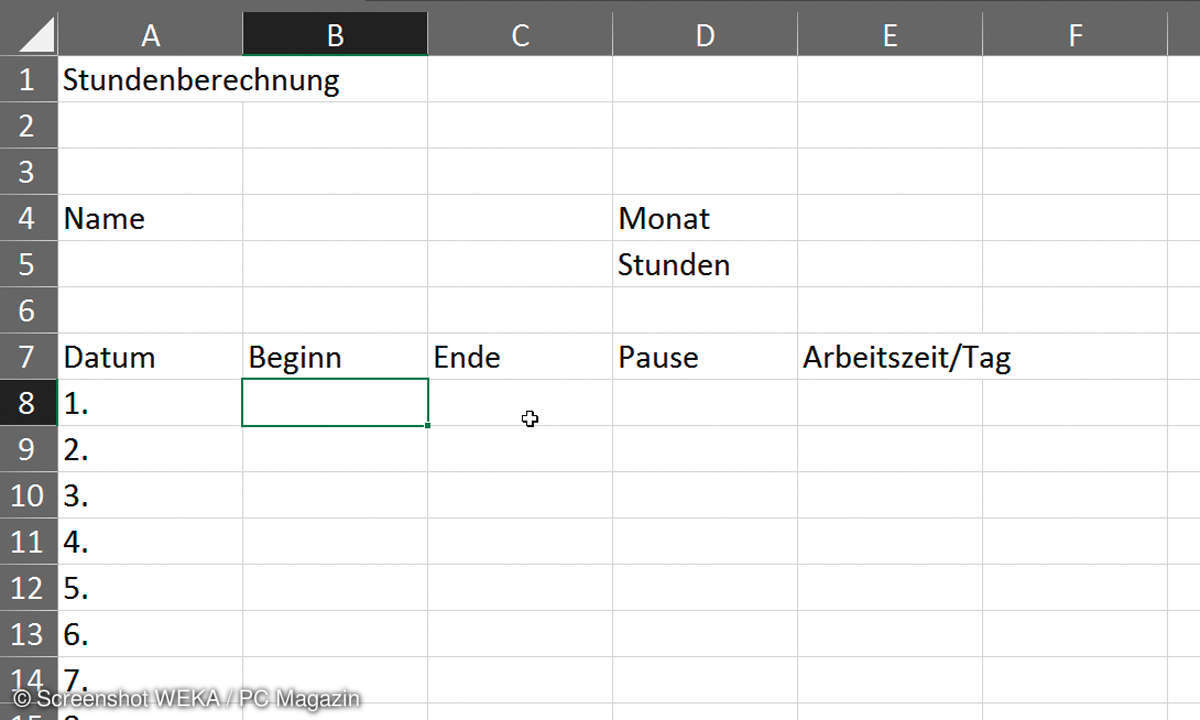 Excel Grundform für einen Stundennachweis