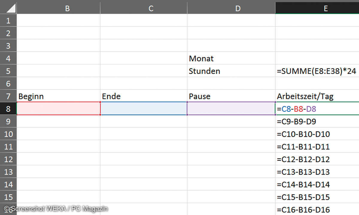 Excel Formeln für einen Stundennachweis