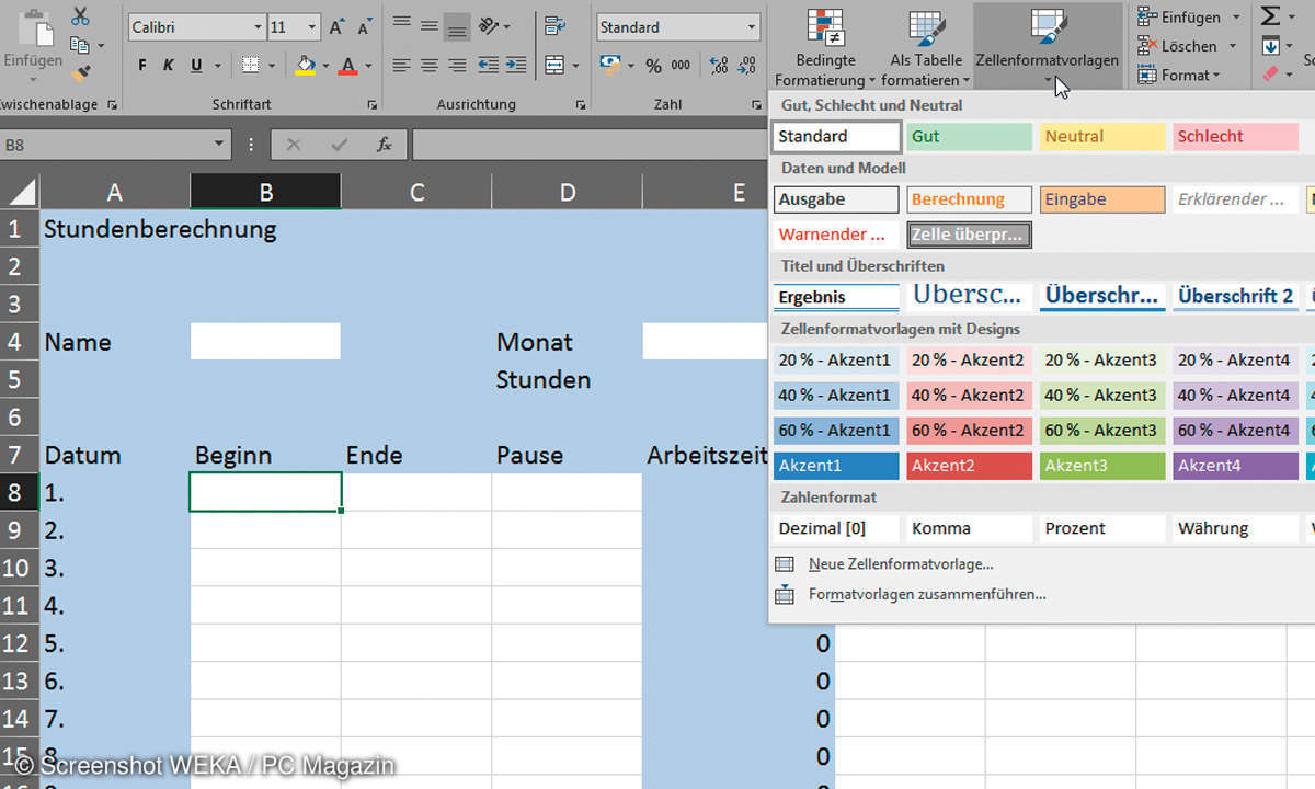 Excel Formatierung für einen Stundennachweis