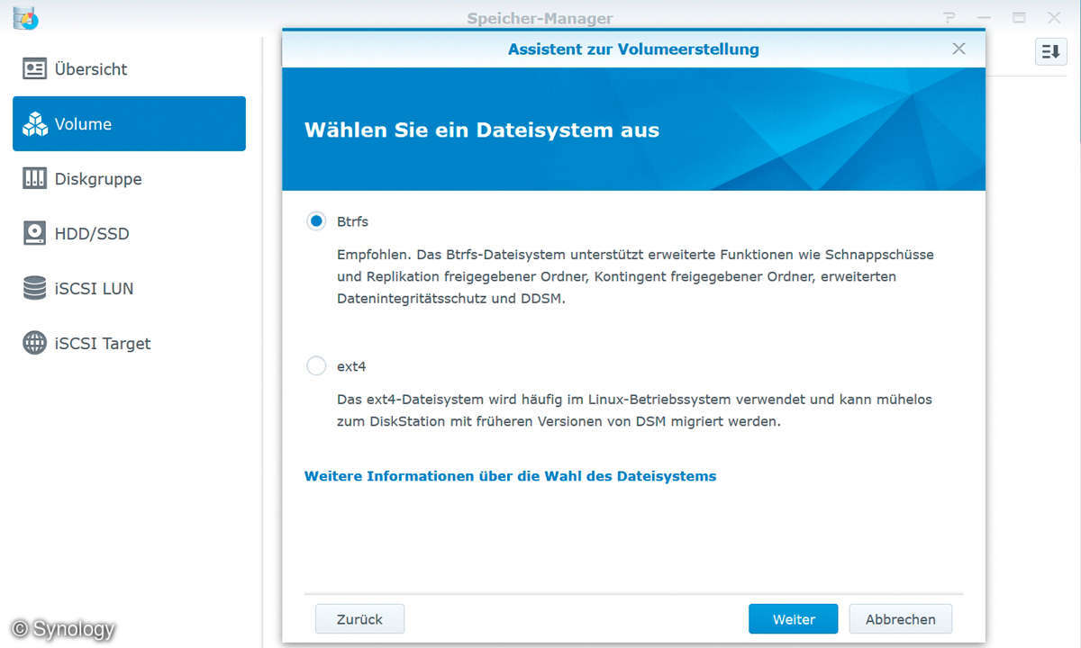 Synology Volumeerstellung Btrfs