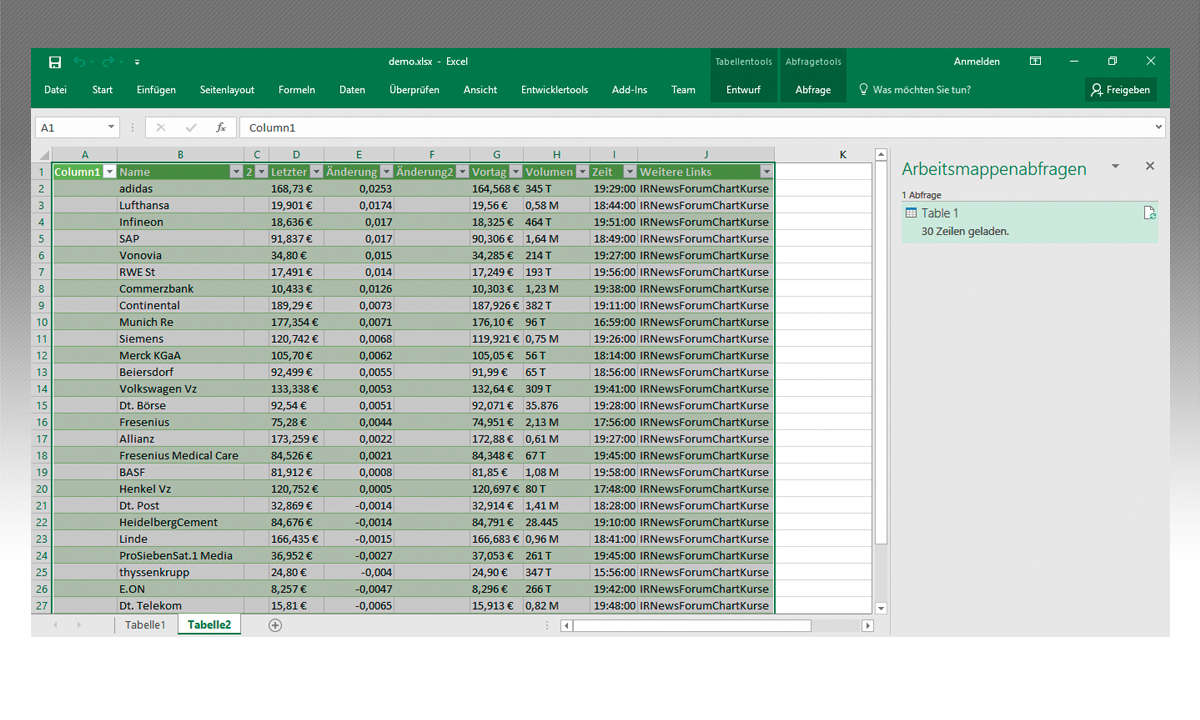 Excel: Aktienkurse anzeigen und aktualisieren