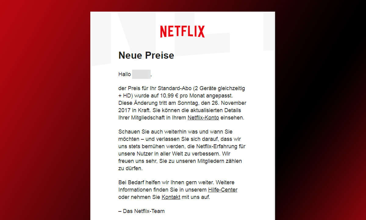 Netflix Email Preiserhöhung November 2017