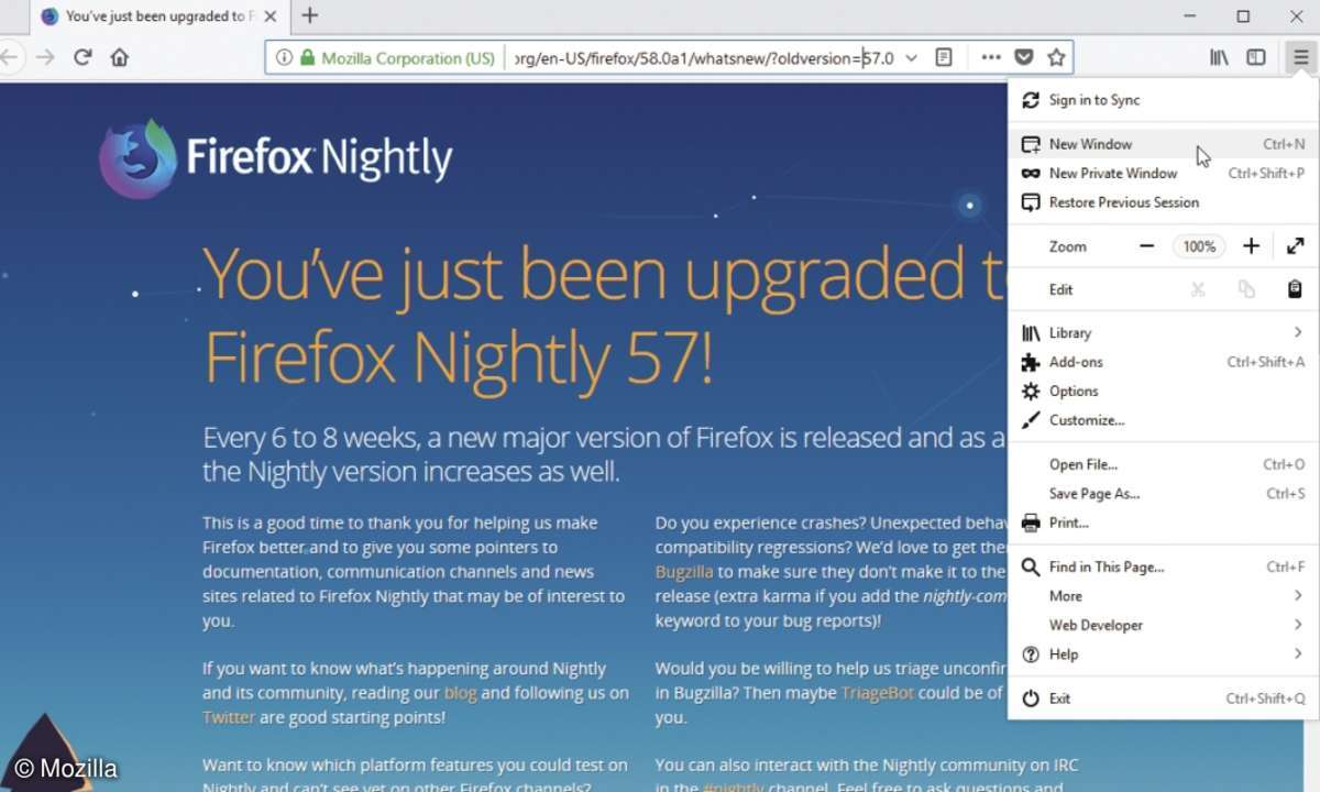 Mozilla Firefox 57 Browser upgrade optionen