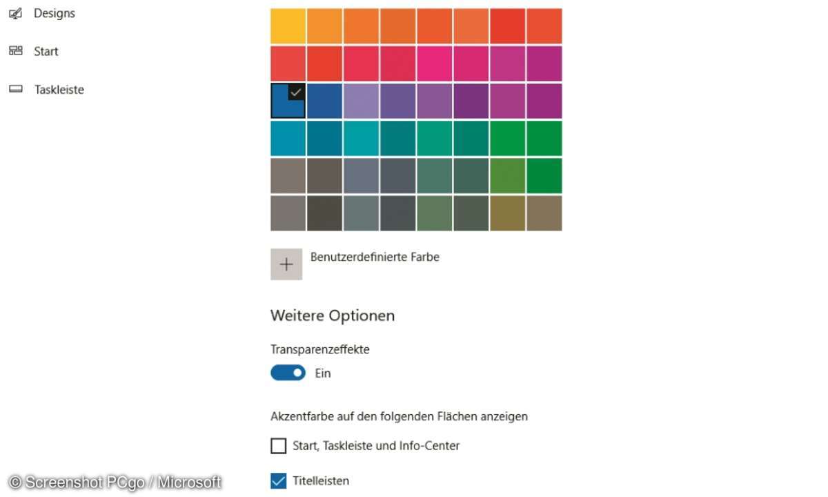 Windows 10 Fall Creators Transparenz Farben
