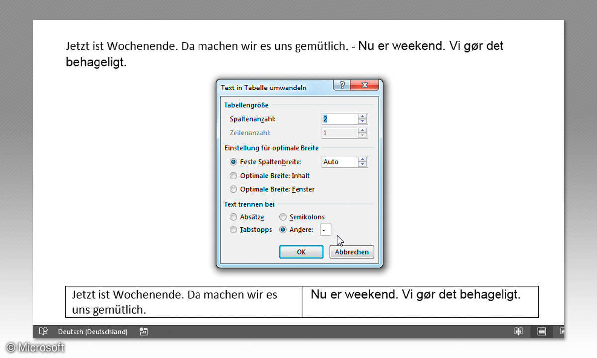 Office Word Text in Tabelle