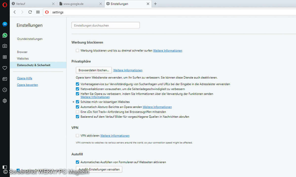 Opera VPN- und Werbeblocker-Einstellungen