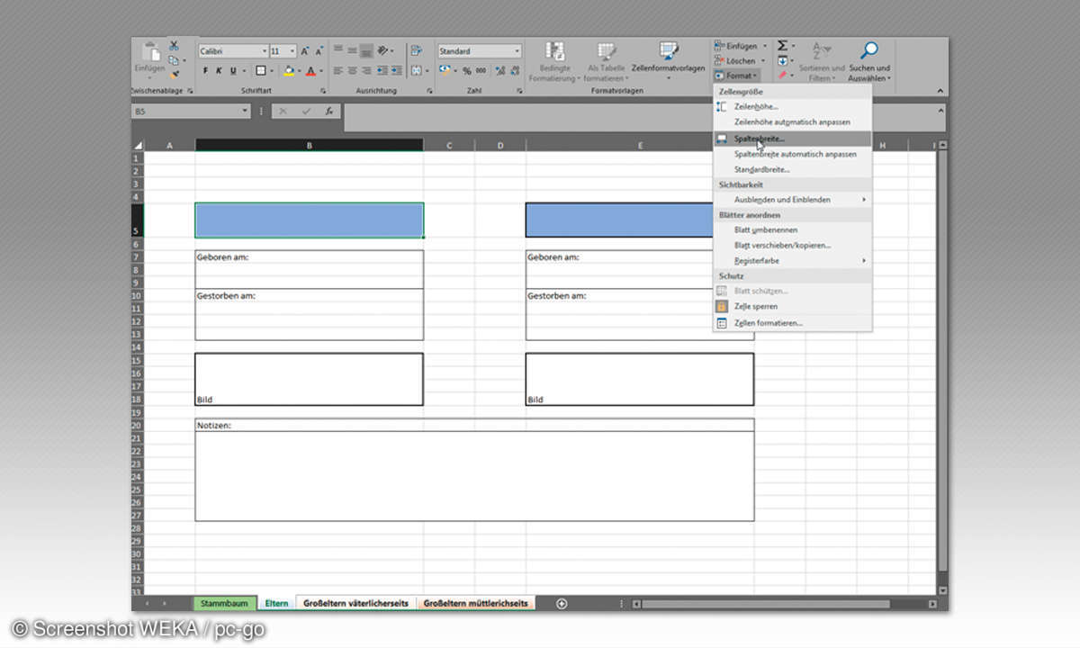 Excel Stammbaum - Datenblätter